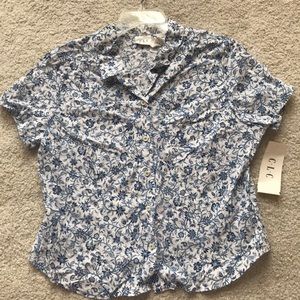 CLC Blue & White Floral Button Down Short-Sleeved Top (size 14)